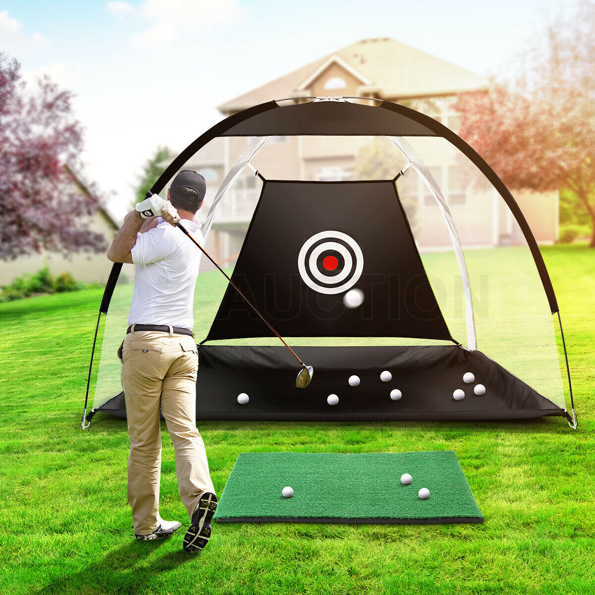 Golf Practice Net and Hitting Mat Set Home Chipping Cage Driving Training Aids