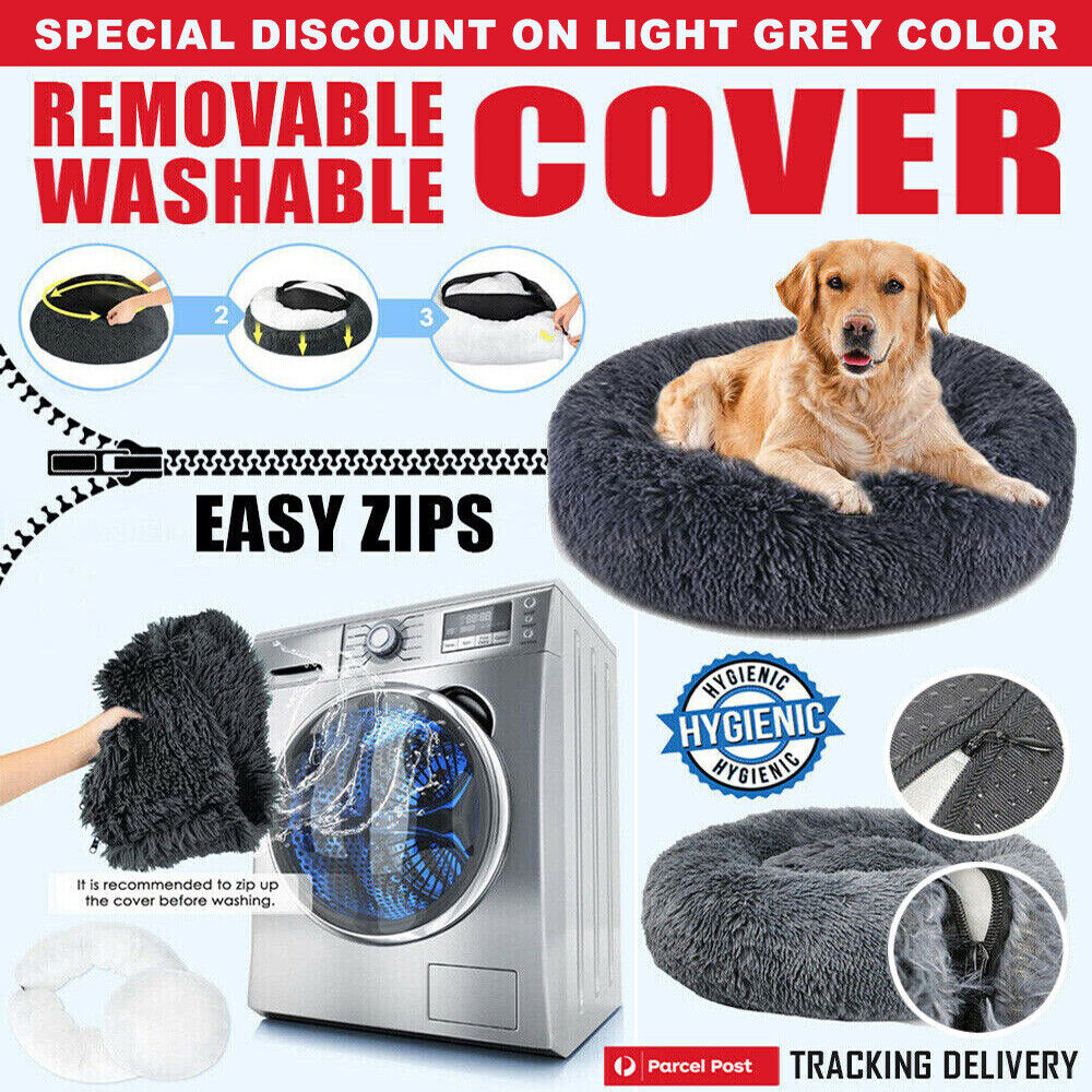 Dog Cat Pet Calming Bed Washable ZIPPER Cover Warm Soft Plush Round Sleeping