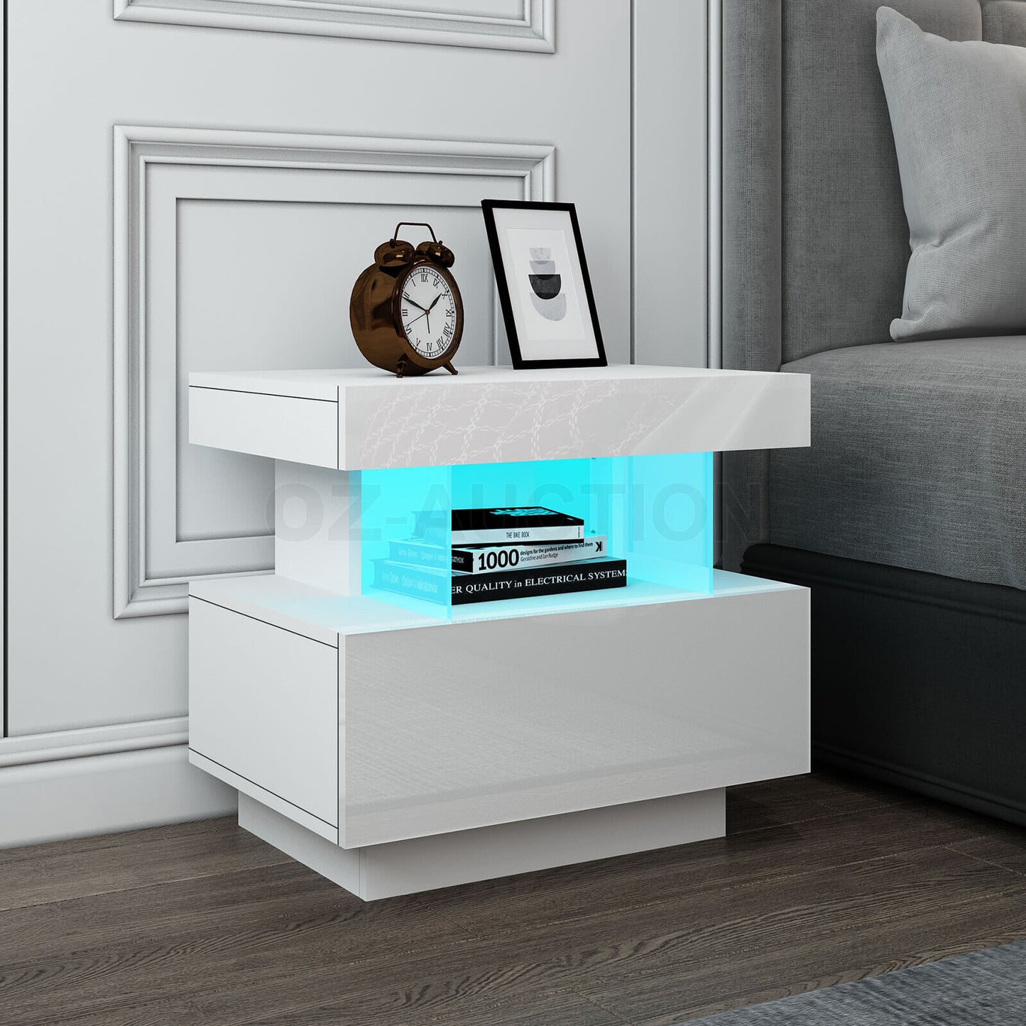 Modern Bedside Table LED Nightstand Bedroom Drawer Cabinet Storage White