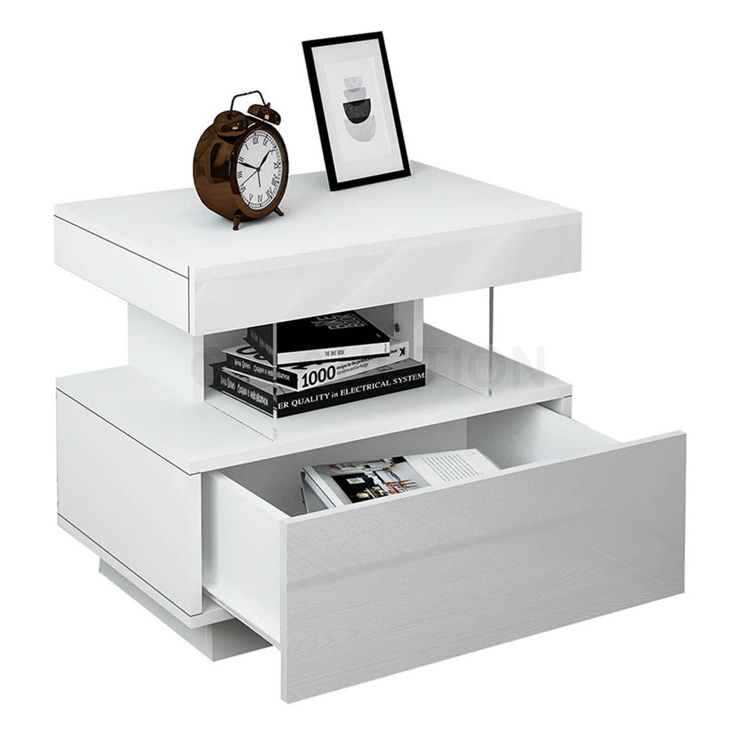 Modern Bedside Table LED Nightstand Bedroom Drawer Cabinet Storage White