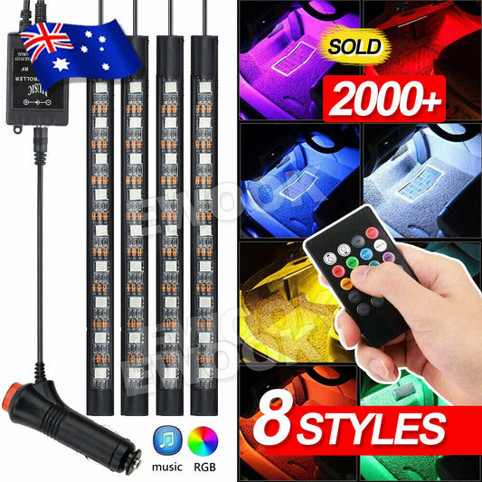 4X 12V 9LED RGB Car Interior LED Strip Lights Wireless Remote Control Music