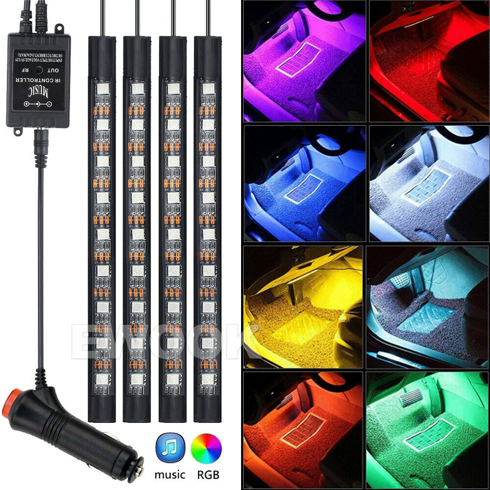 4X 12V 9LED RGB Car Interior LED Strip Lights Wireless Remote Control Music