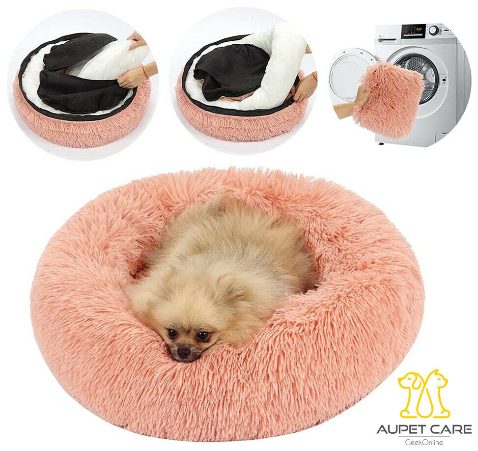 Dog Cat Pet Calming Bed Washable ZIPPER Cover Warm Soft Plush Round Sleeping