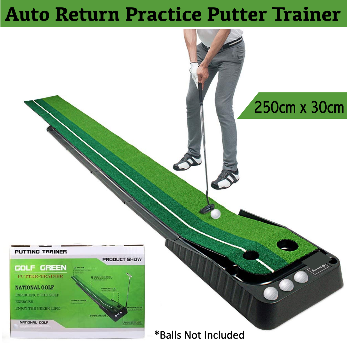 Portable Auto-Return Golf Practice Putting Mat Putter Trainer Indoors & Outdoors