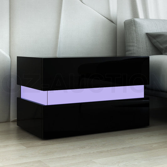 Bedside Table 2-Drawer Side Nightstand High Gloss Bedroom Cabinet BK w/RGB LED