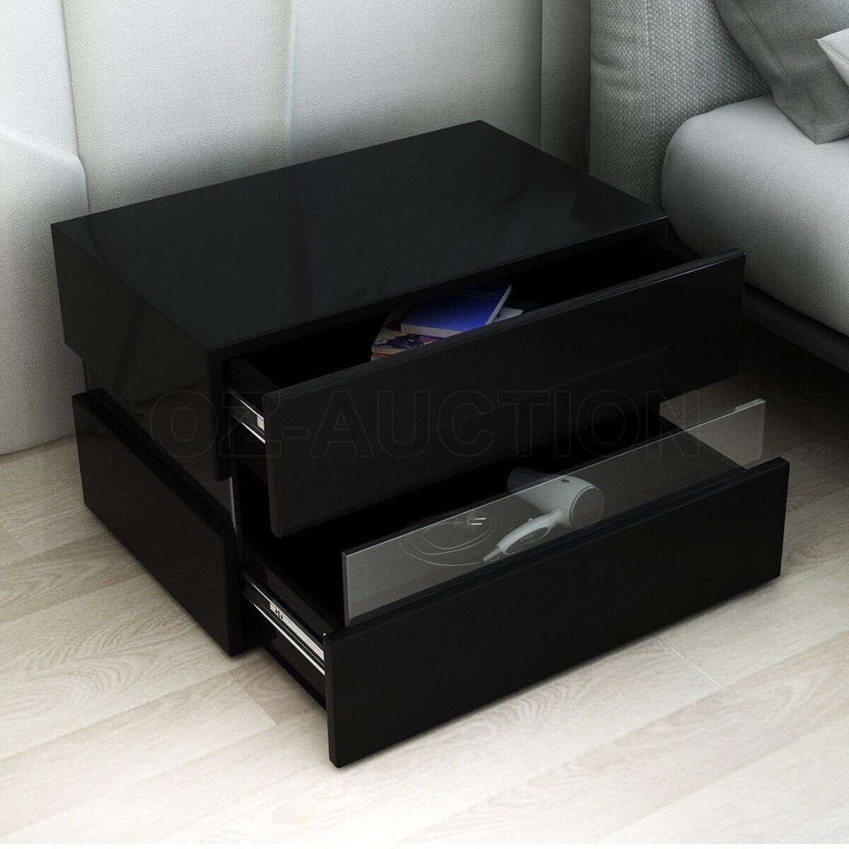 Bedside Table 2-Drawer Side Nightstand High Gloss Bedroom Cabinet BK w/RGB LED