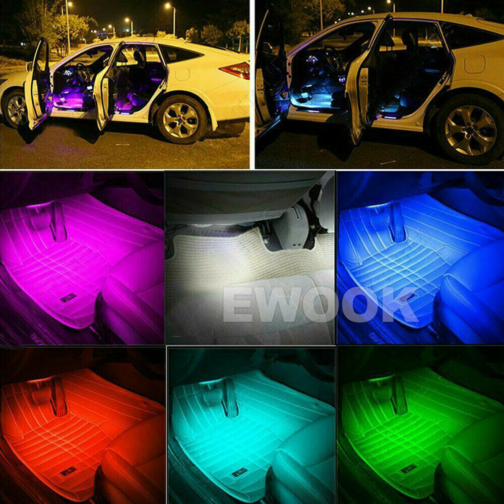 4X 12V 9LED RGB Car Interior LED Strip Lights Wireless Remote Control Music