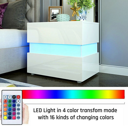 Bedside Tables Drawers RGB LED High Gloss Nightstand Side Table White Cabinet