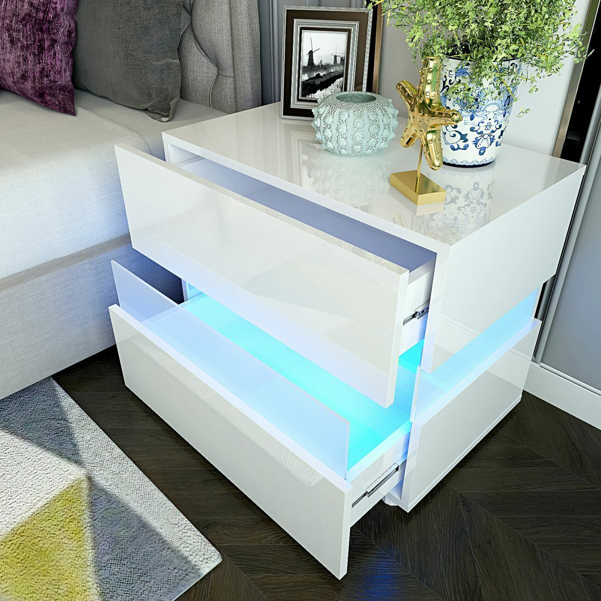 Bedside Tables Drawers RGB LED High Gloss Nightstand Side Table White Cabinet