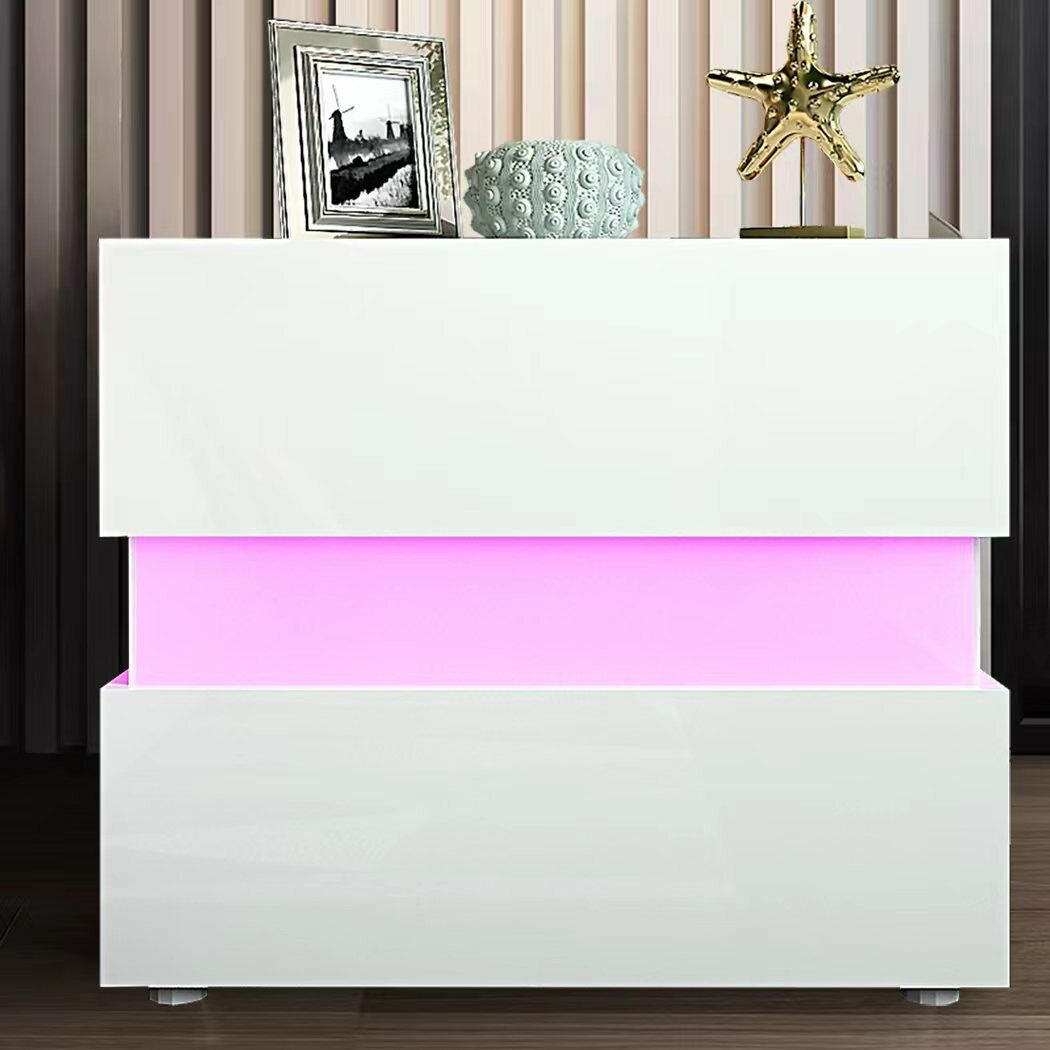 Bedside Tables Drawers RGB LED High Gloss Nightstand Side Table White Cabinet