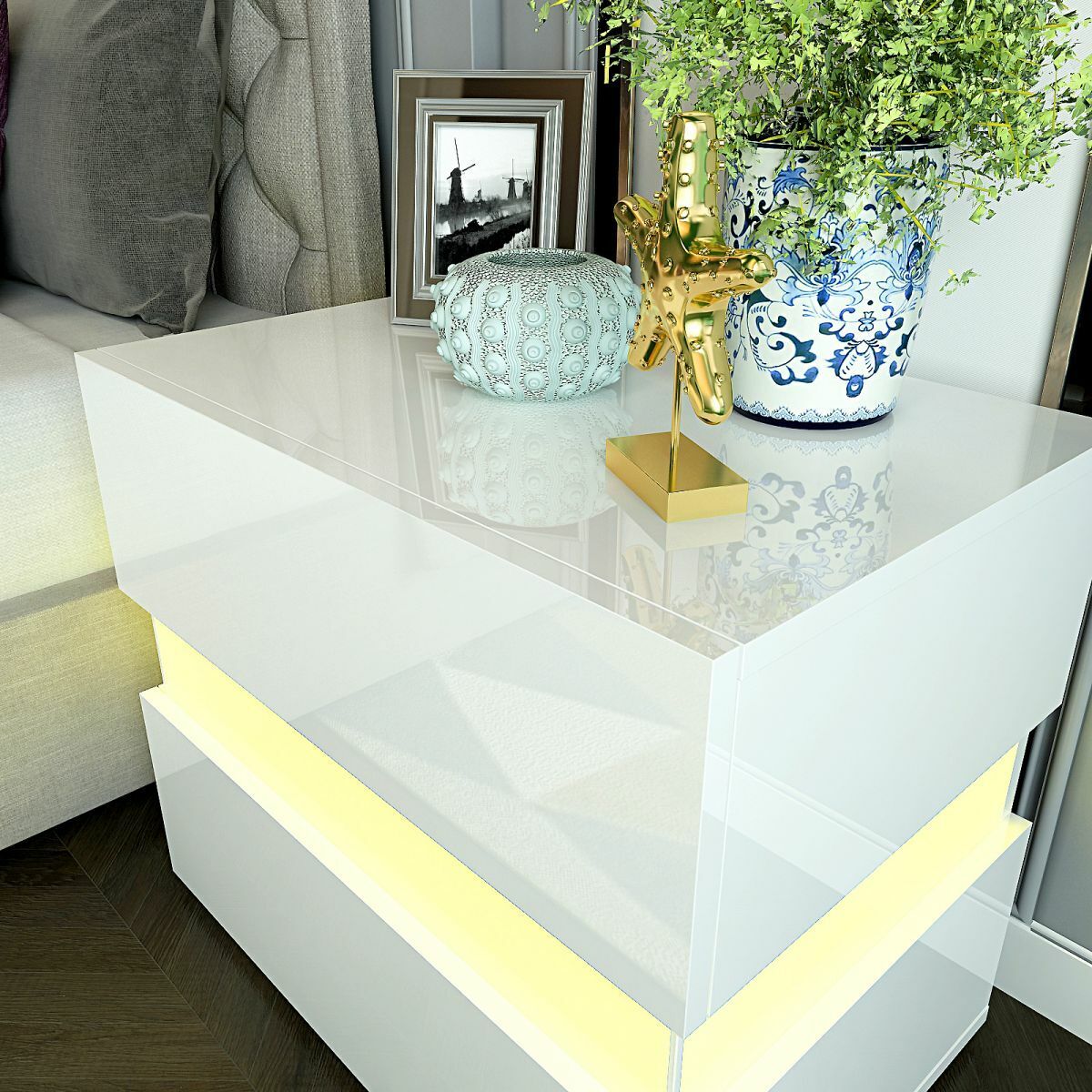 Bedside Tables Drawers RGB LED High Gloss Nightstand Side Table White Cabinet