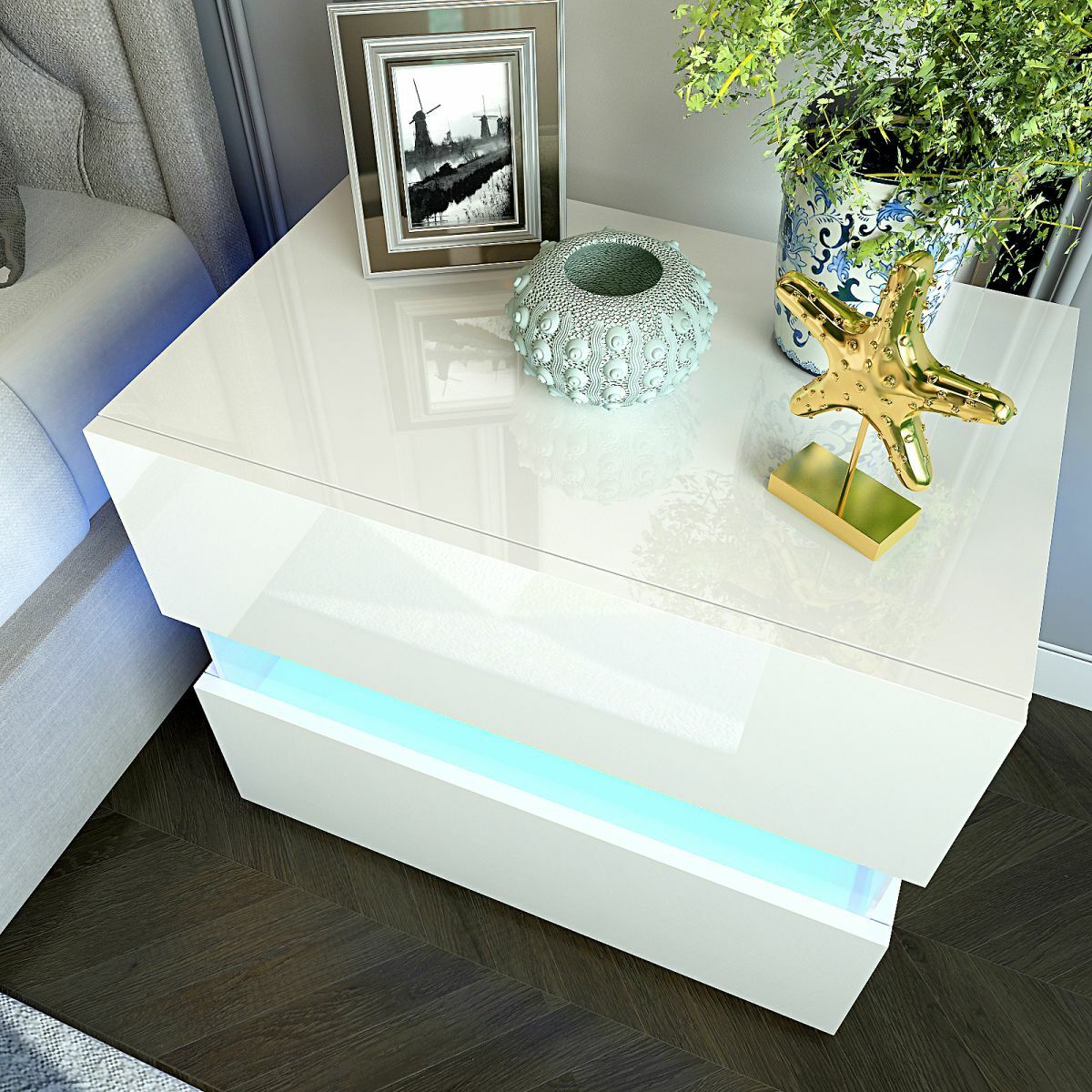 Bedside Tables Drawers RGB LED High Gloss Nightstand Side Table White Cabinet