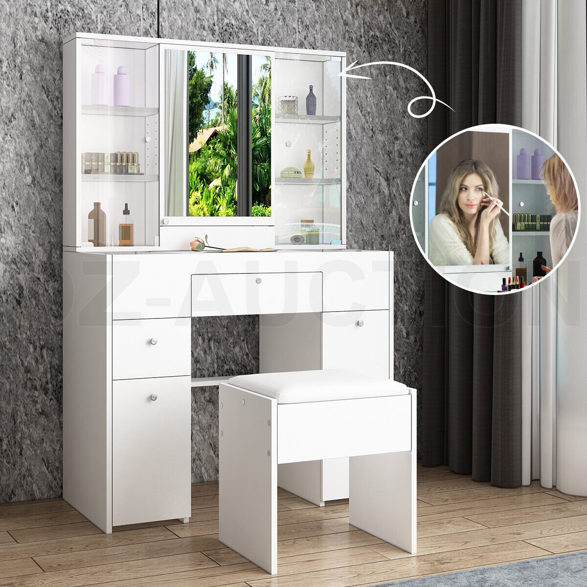 Dressing Table Stool Set Mirror Makeup Vanity Jewellery Table with Drawers White