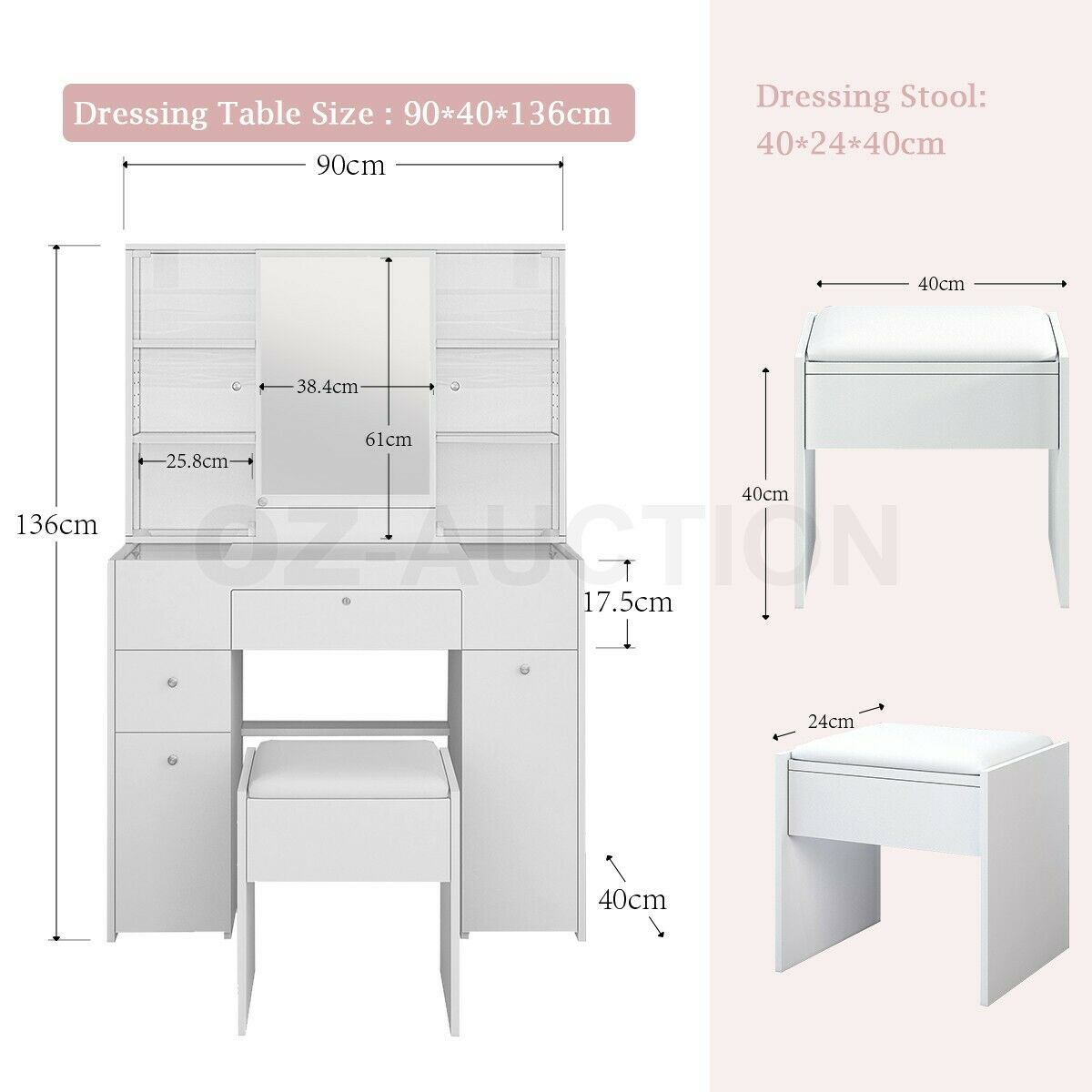 Dressing Table Stool Set Mirror Makeup Vanity Jewellery Table with Drawers White