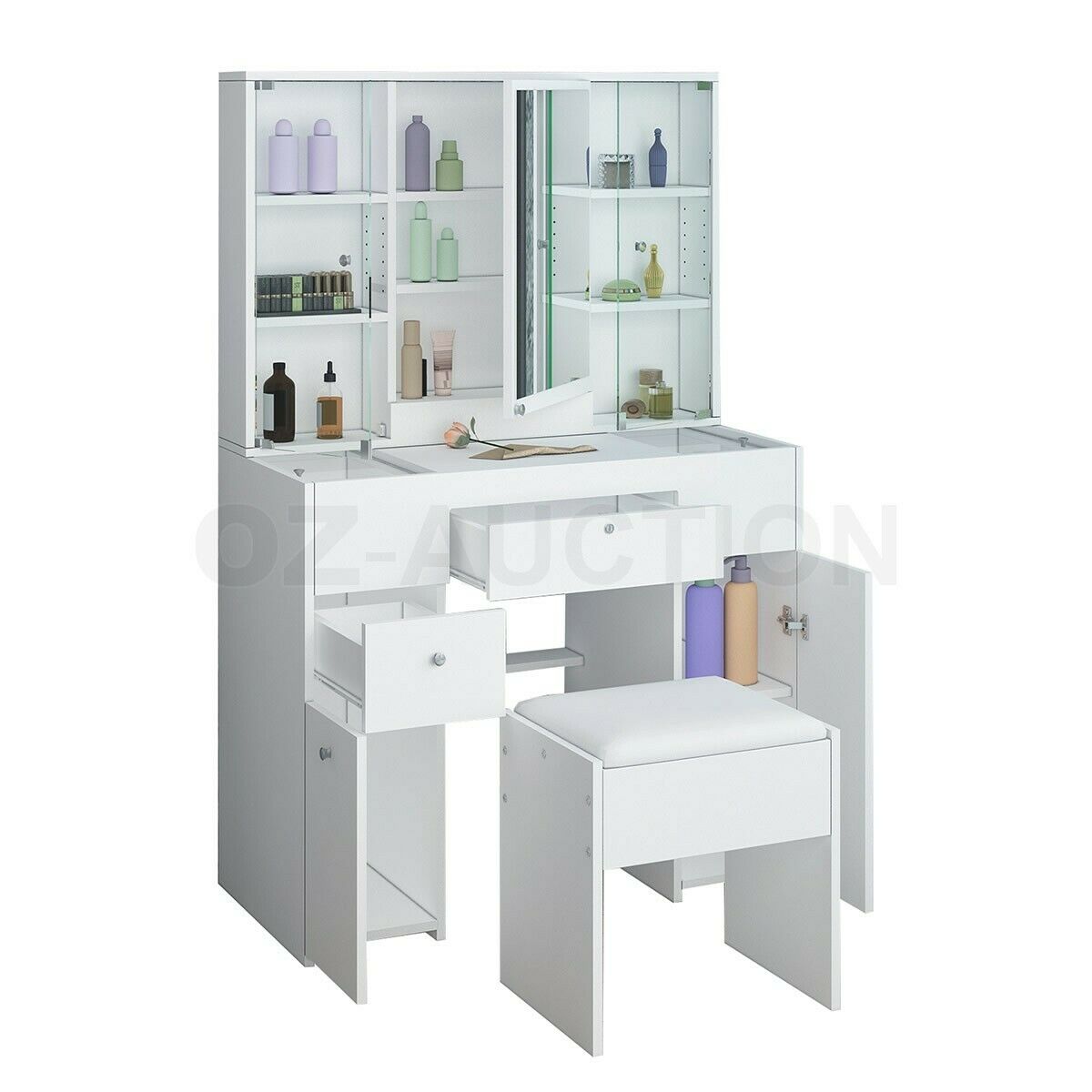 Dressing Table Stool Set Mirror Makeup Vanity Jewellery Table with Drawers White