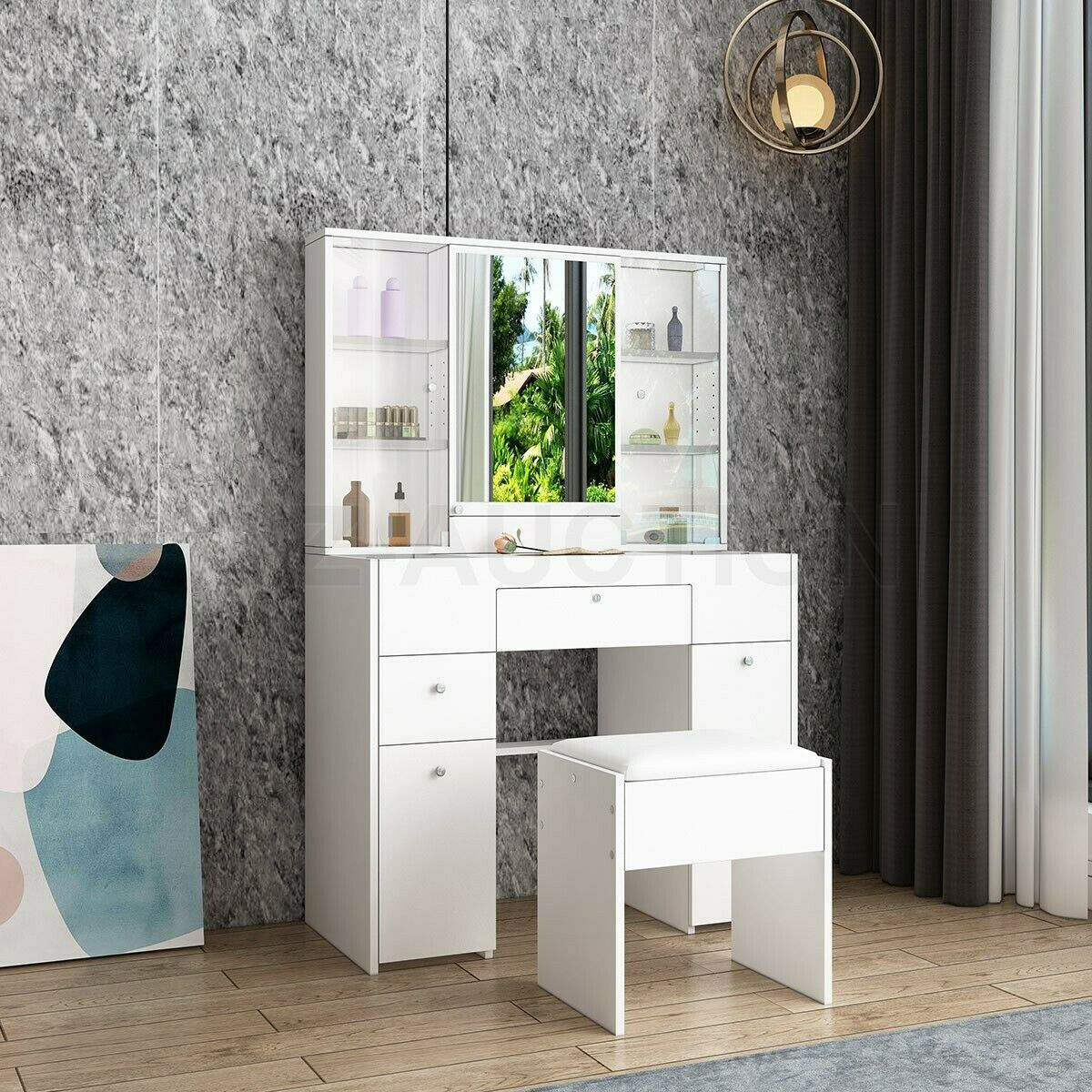 Dressing Table Stool Set Mirror Makeup Vanity Jewellery Table with Drawers White