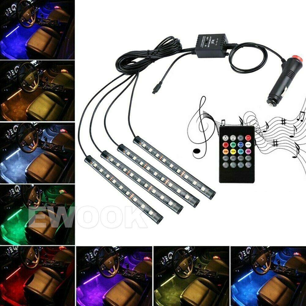 4X 12V 9LED RGB Car Interior LED Strip Lights Wireless Remote Control Music