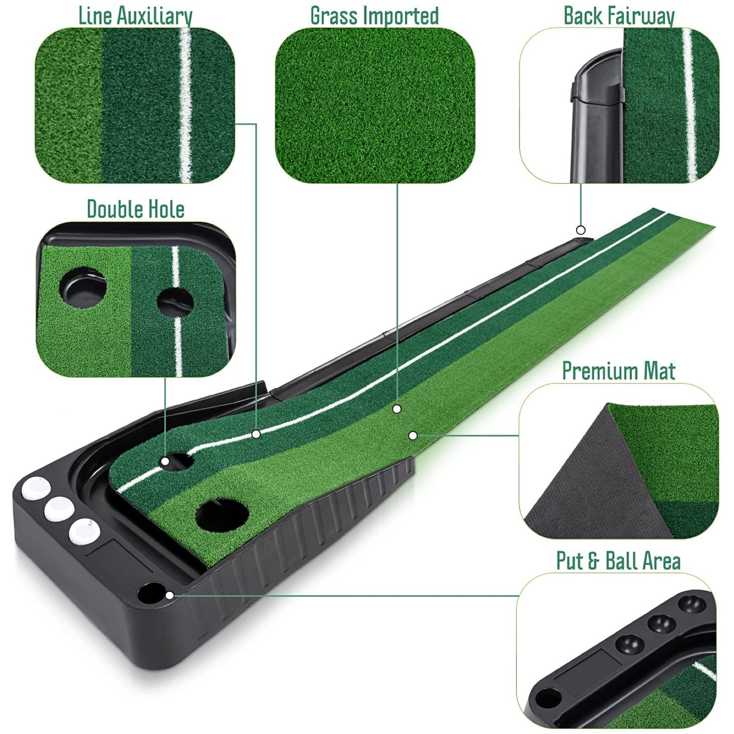 Portable Auto-Return Golf Practice Putting Mat Putter Trainer Indoors & Outdoors