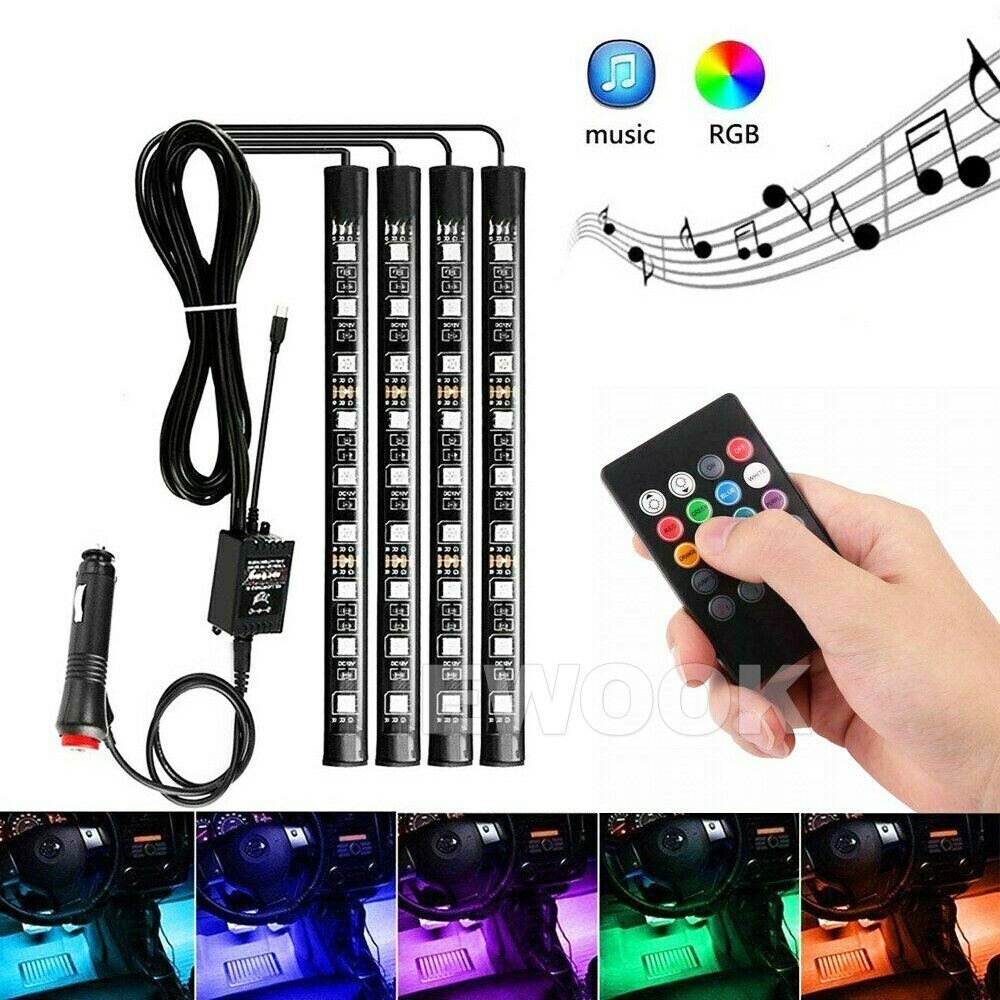 4X 12V 9LED RGB Car Interior LED Strip Lights Wireless Remote Control Music