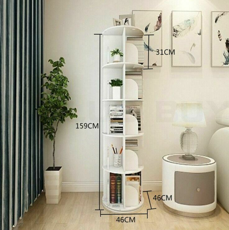 159cm Round Swivel Rotating Display Storage Bookshelf Bookcase White 5 Tiers