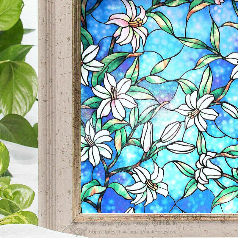 Flower Blossom Window Film Print Sticker Cling Stained Glass UV Block Gift Decor