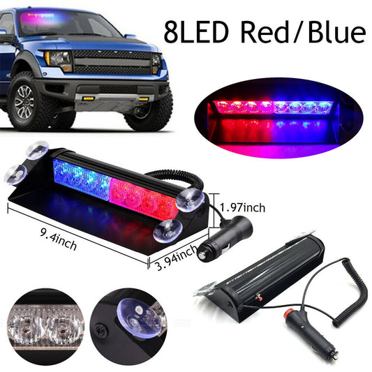 8LED Red/Blue Car Police Strobe Flash Light Dash Urgency 3 Flashing Lamp DC 12V