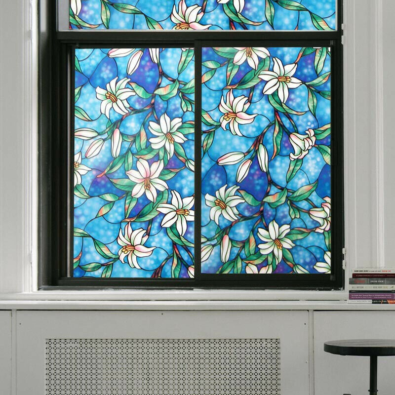 Flower Blossom Window Film Print Sticker Cling Stained Glass UV Block Gift Decor