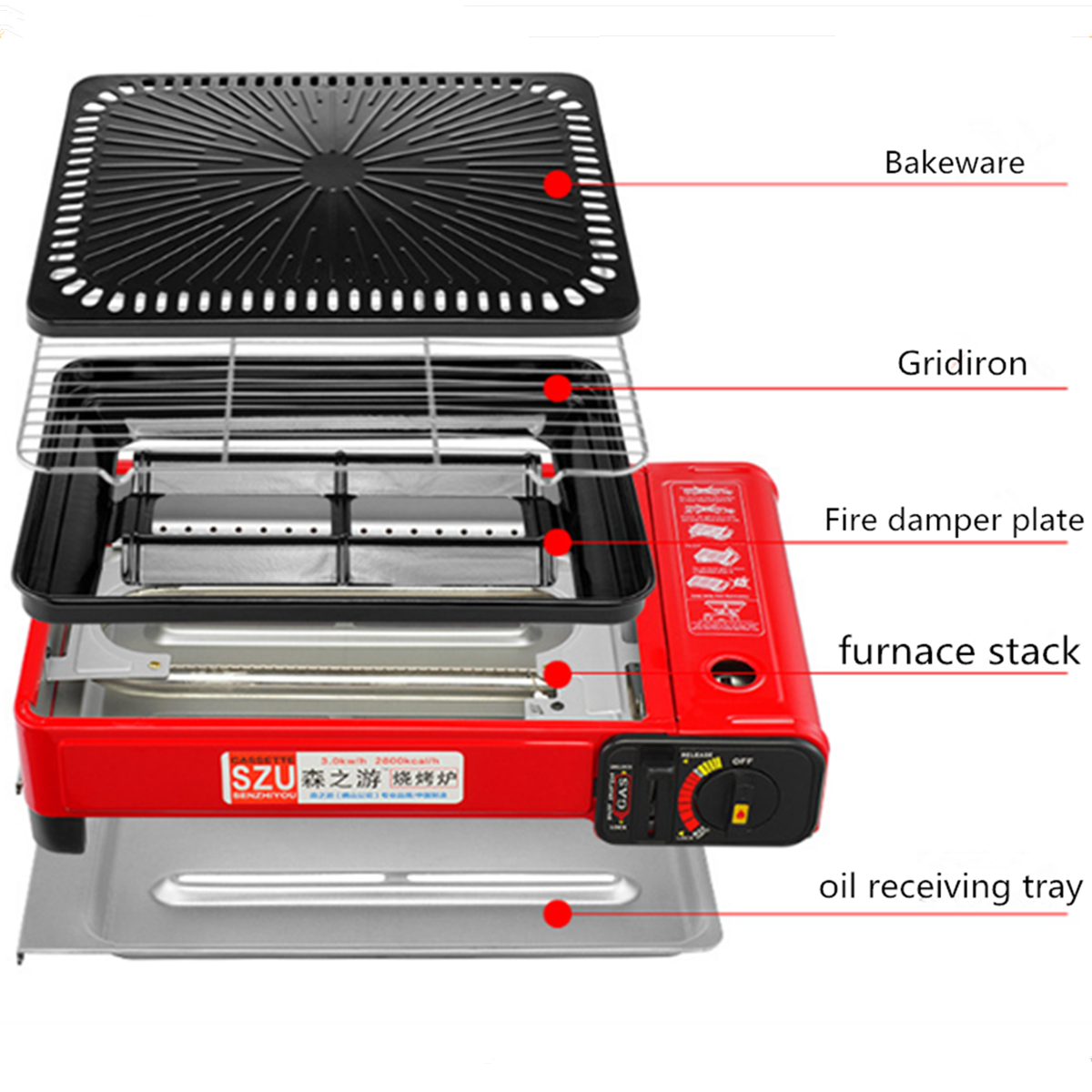 Portable Gas Stove Burner Butane BBQ Camping Gas Cooker With Non Stick Plate Red