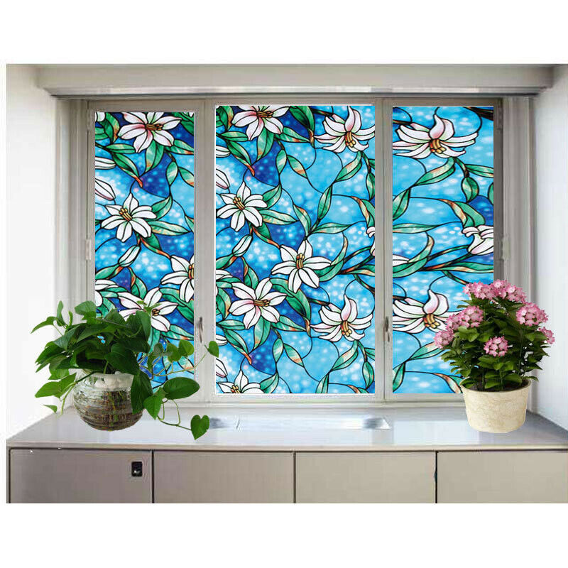 Flower Blossom Window Film Print Sticker Cling Stained Glass UV Block Gift Decor