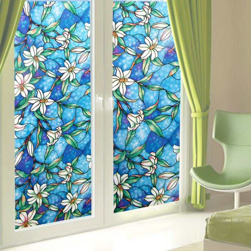 Flower Blossom Window Film Print Sticker Cling Stained Glass UV Block Gift Decor