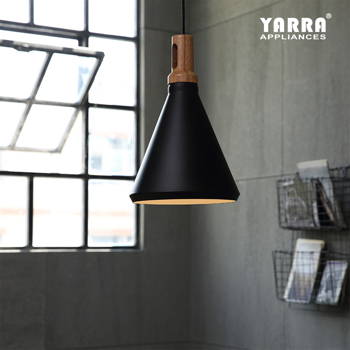 Kitchen Pendant Light Funnel Wooden Top E27 Ceiling Chandeliers Lamp Black White