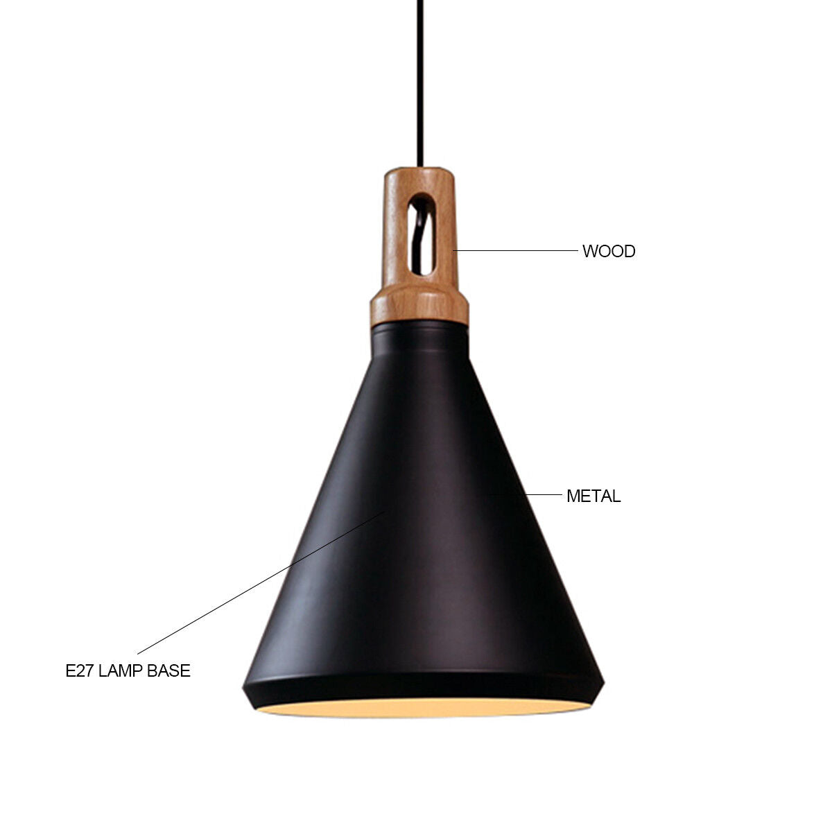 Kitchen Pendant Light Funnel Wooden Top E27 Ceiling Chandeliers Lamp Black White