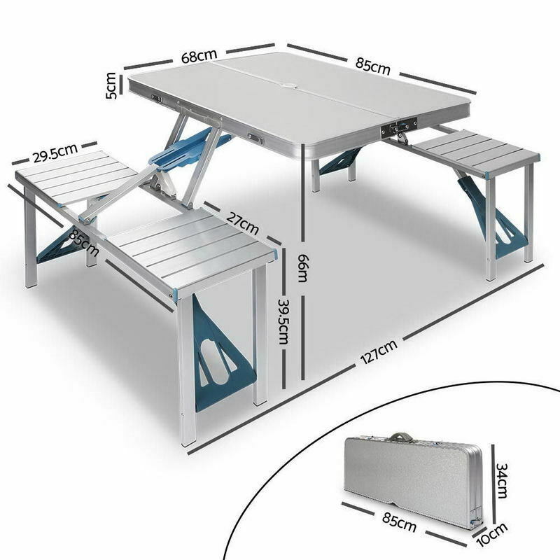 Aluminium Folding Camping Table With 2X Bench Chairs Picnic Set