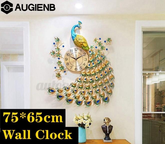 Luxury 3D Peacock Diamond Large Wall Clock Modern Art Quartz Office Home Decor