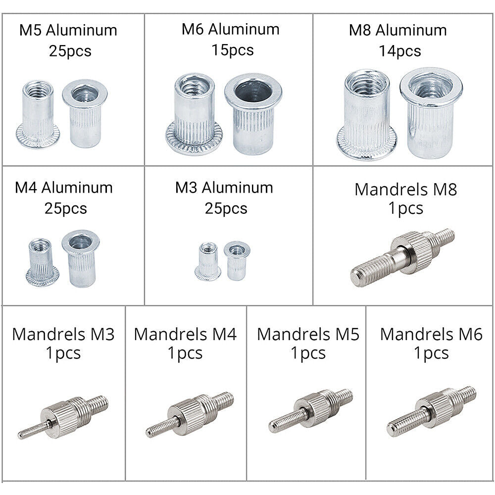 110pcs Rivet Nut Setting System Tool Kit Insert Gun Wrench Thread Mandrels M3-M8