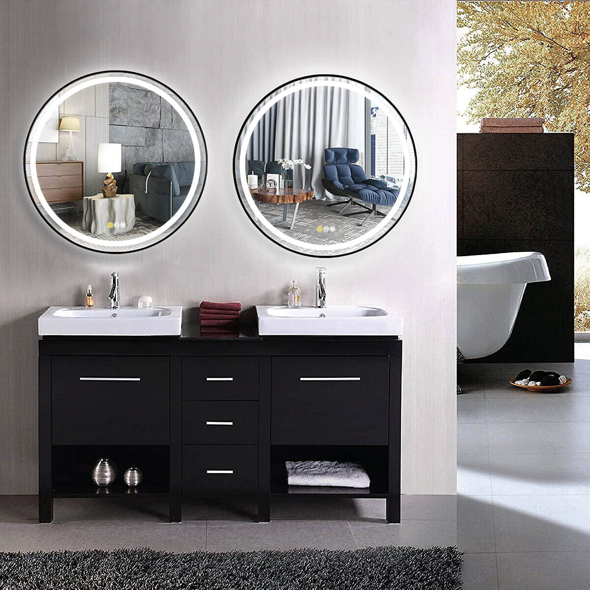 LED Bathroom Mirror Wall Hanging Round Black/Gold Make Up Mirrors w/ Metal Frame