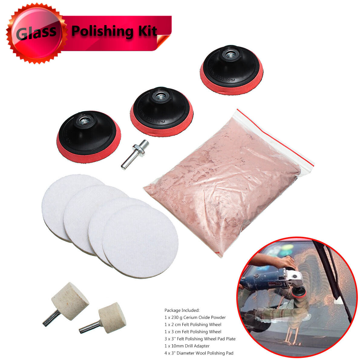 8OZ Glass Cerium Oxide Powder + 3'' Wheel + elt Scrach Removal Polishing Kit Too