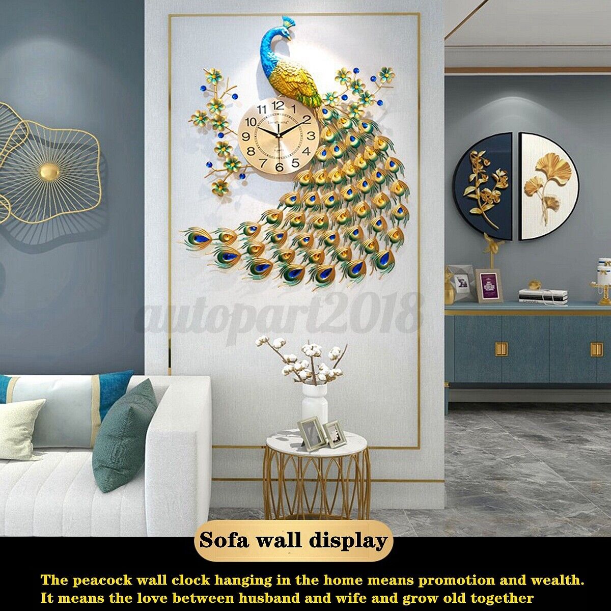 Luxury 3D Peacock Diamond Large Wall Clock Modern Art Quartz Office Home Decor