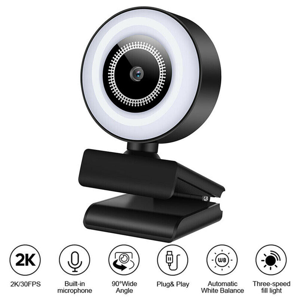 Full HD 2K USB Webcam PC Laptop Web Camera with Ring Light Mic for Video Calling