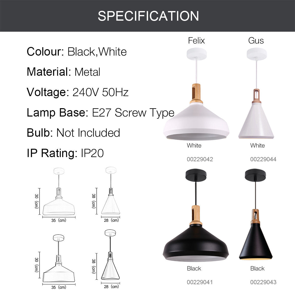 Kitchen Pendant Light Funnel Wooden Top E27 Ceiling Chandeliers Lamp Black White