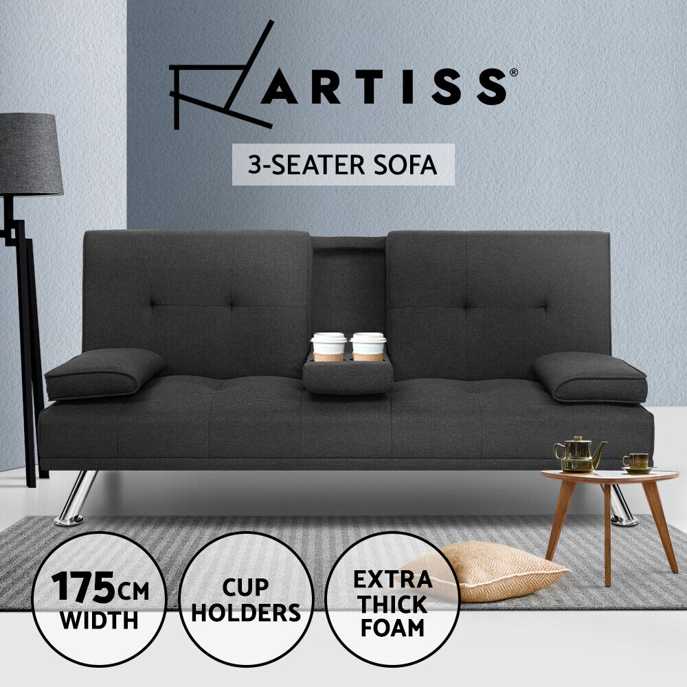 Artiss Sofa Bed Lounge Futon Couch Beds 3 Seater Fabric Cup Holder Dark Grey