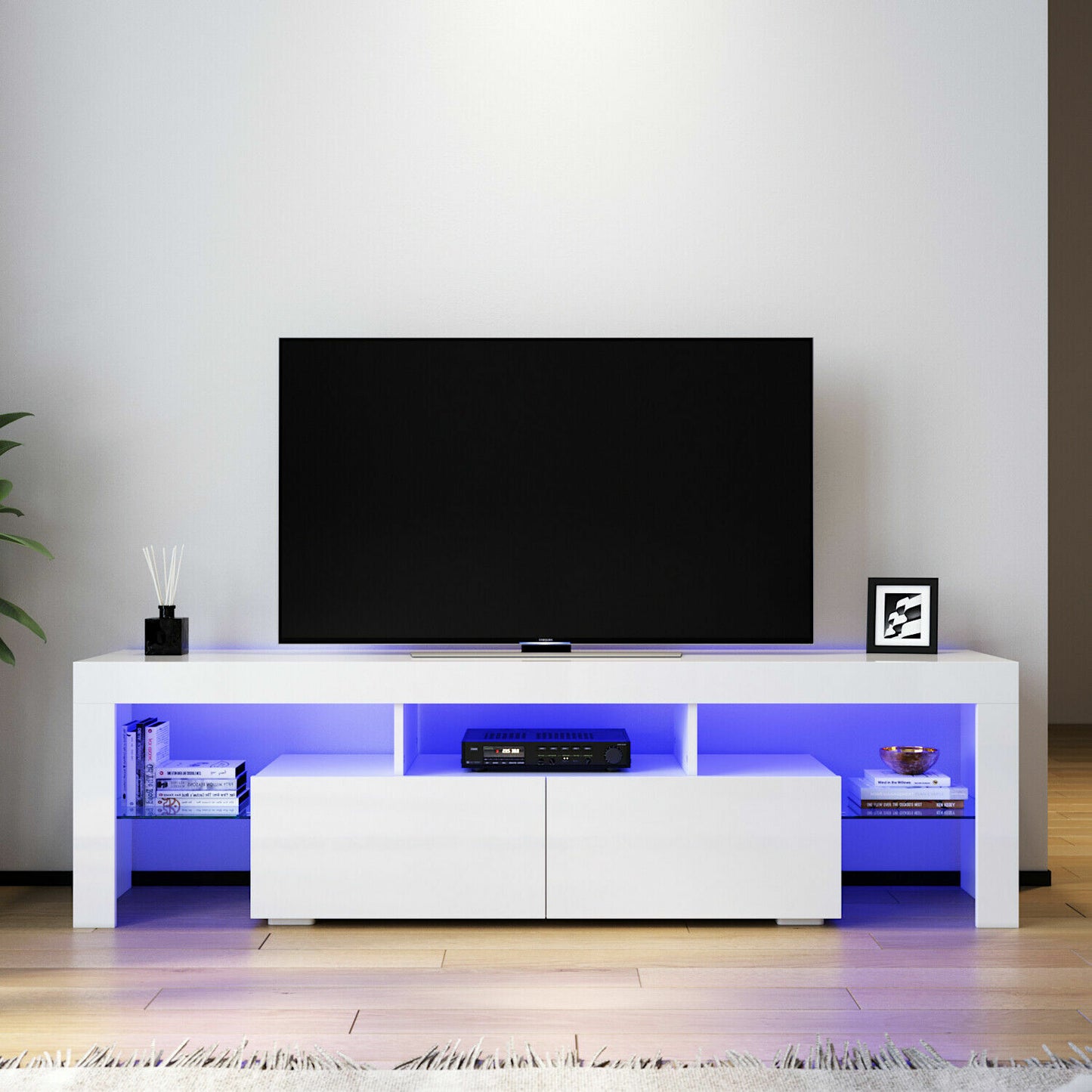 TV Cabinet Entertainment Unit Stand RGB LED Gloss Light Wood Storage Stand