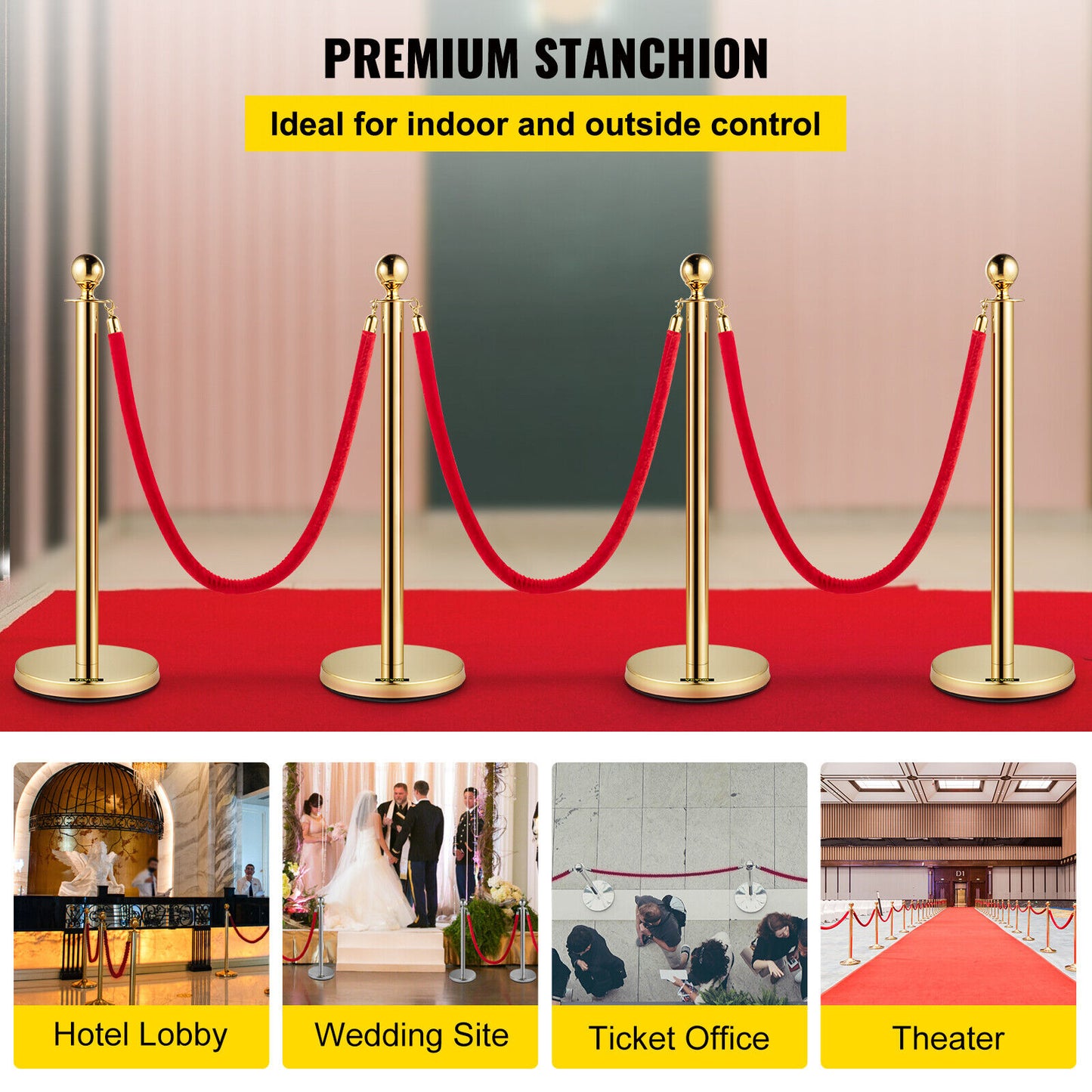 VEVOR 4x Queue Barriers + 3 Ropes Exhibition Crowd Control Bollards Stanchion