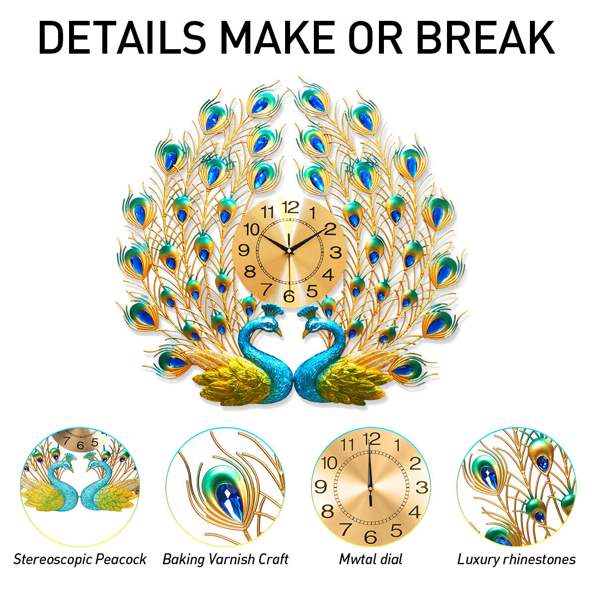 3D Peacock Wall Clock Quartz Creative Personality Modern Art Living Room Decor