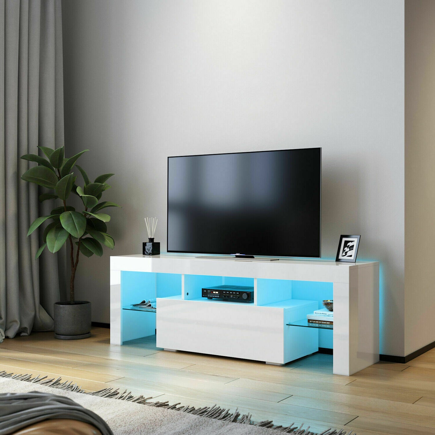 TV Cabinet Entertainment Unit Stand RGB LED Gloss Light Wood Storage Stand