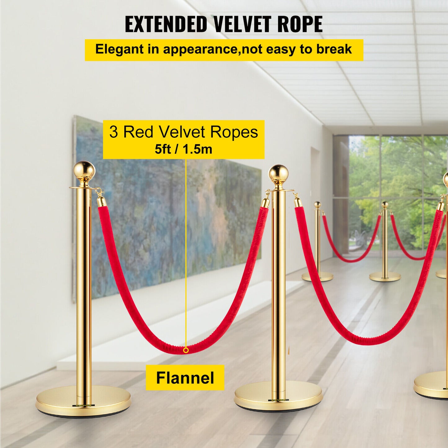 VEVOR 4x Queue Barriers + 3 Ropes Exhibition Crowd Control Bollards Stanchion