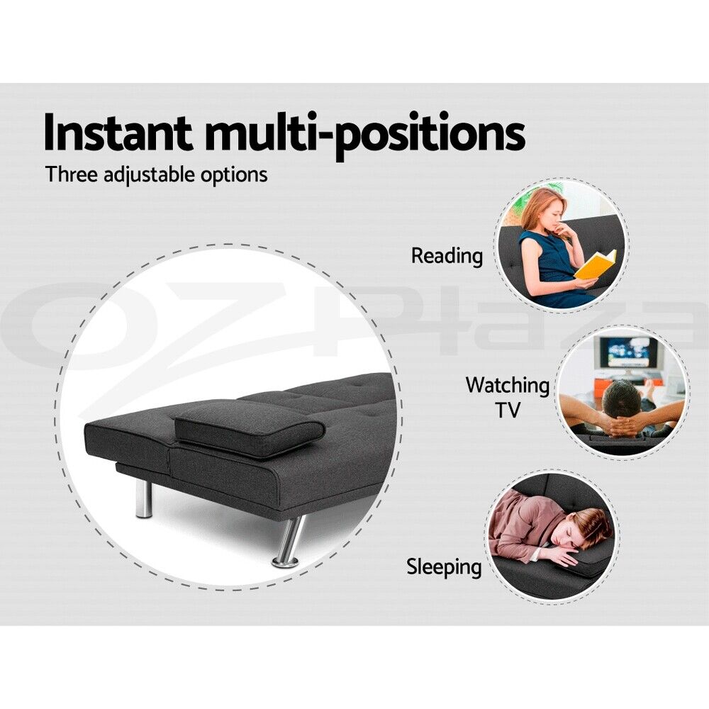 Artiss Sofa Bed Lounge Futon Couch Beds 3 Seater Fabric Cup Holder Dark Grey