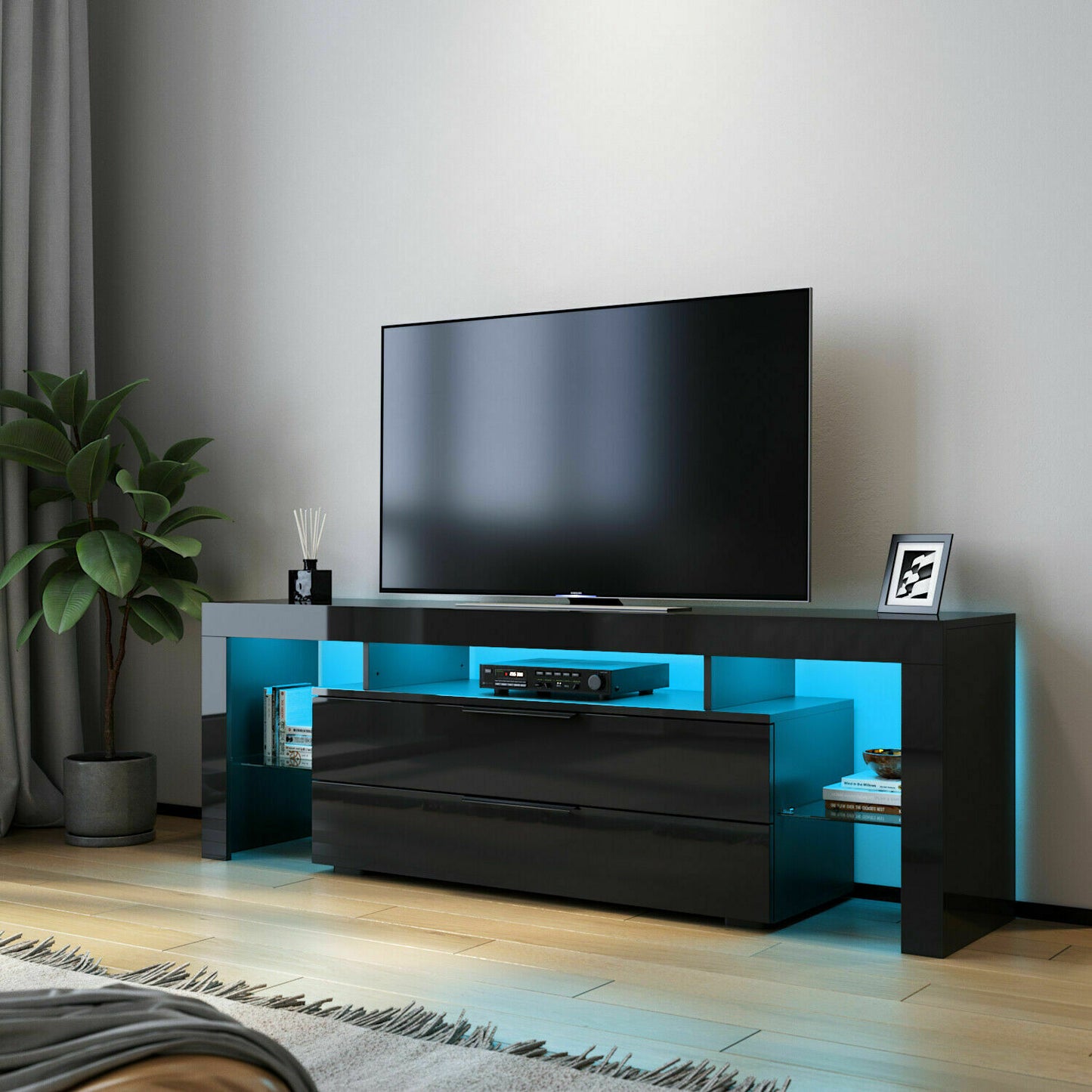 TV Cabinet Entertainment Unit Stand RGB LED Gloss Light Wood Storage Stand