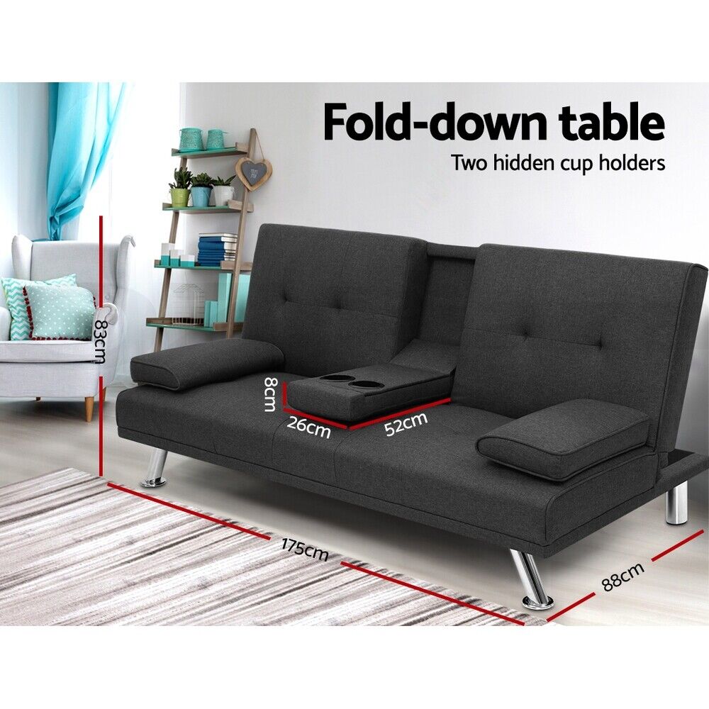 Artiss Sofa Bed Lounge Futon Couch Beds 3 Seater Fabric Cup Holder Dark Grey