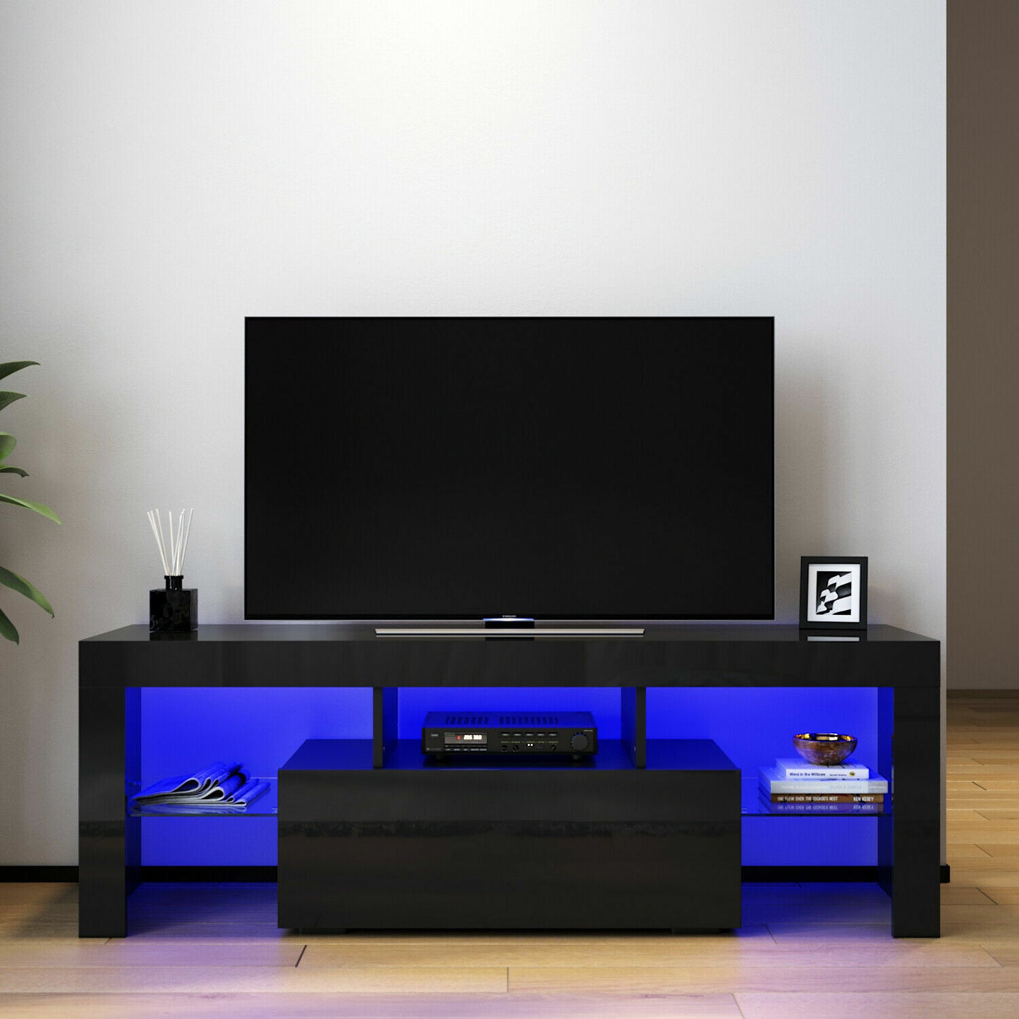 TV Cabinet Entertainment Unit Stand RGB LED Gloss Light Wood Storage Stand